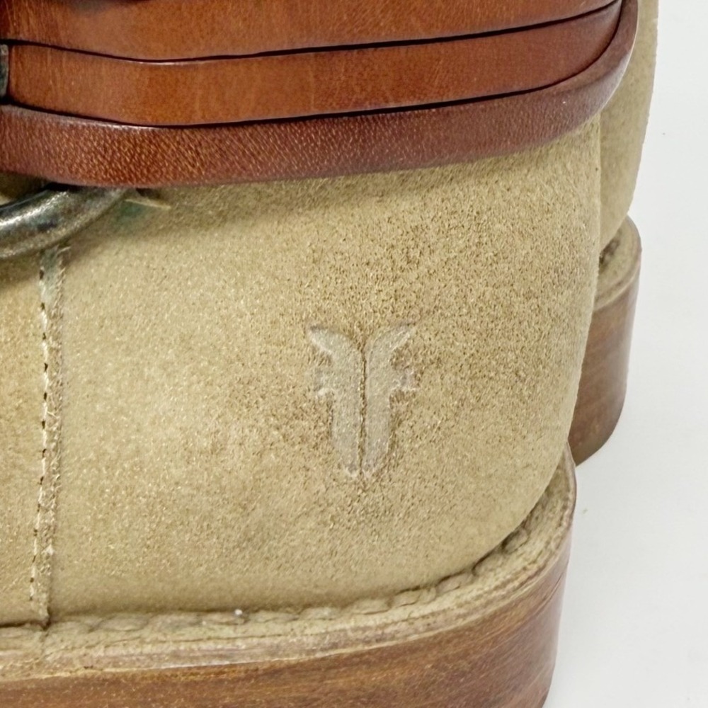 Frye Harness Suede Short Ankle Boots Beige‎ Tan Leather Straps 7.5 - Picture 8 of 14